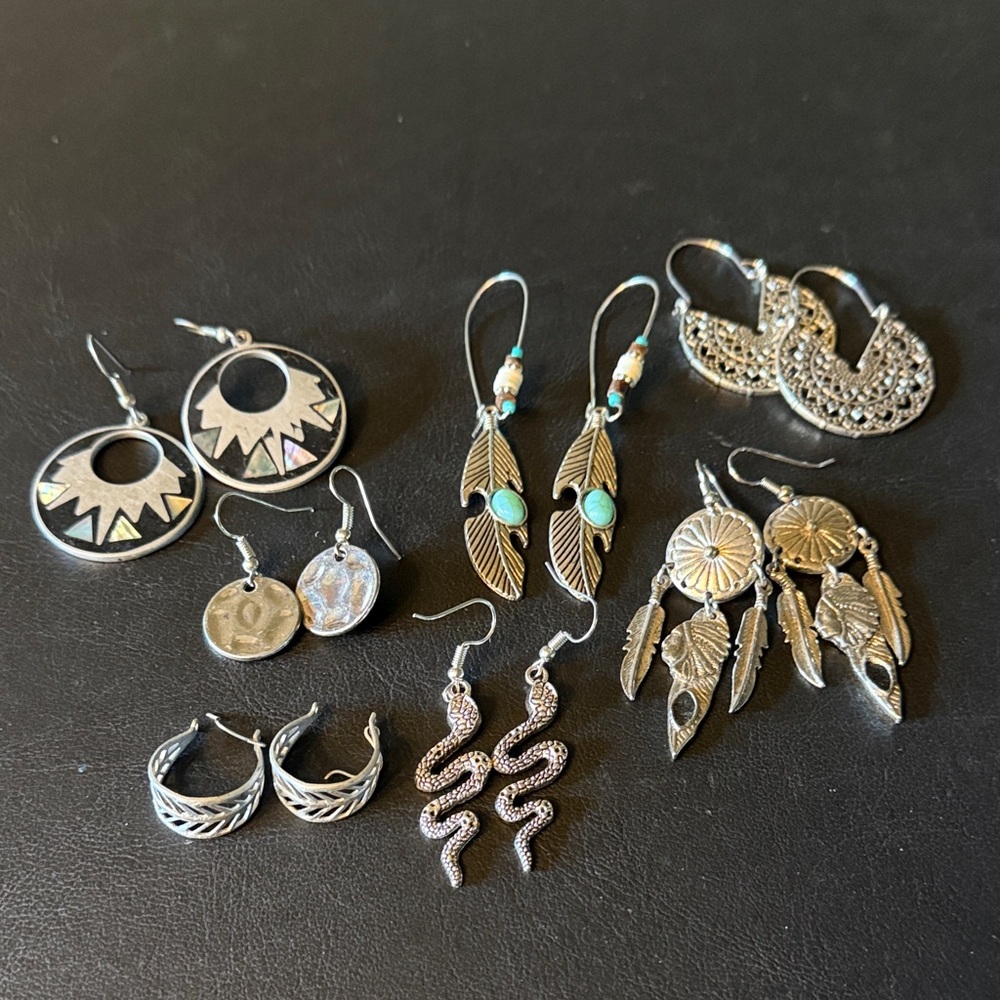 South Western Costume Silver and Turquoise Feather Earrings Seven sets